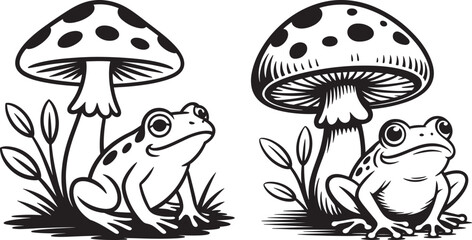Obraz premium Charming duo of cartoon frogs sitting near polka-dot mushrooms, whimsical illustration