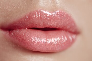 Obraz premium Young woman wearing light fresh lip make up. Slightly opening mouth. Plump lips pink natural makeup. Part of female face. Extreme Close up of shiny lips. Beautiful Perfect Lips, skin. Lip augmentation