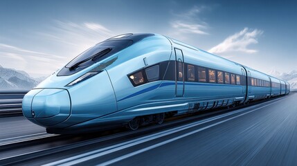 Fototapeta premium High-speed passenger train traveling on tracks with mountains in the background