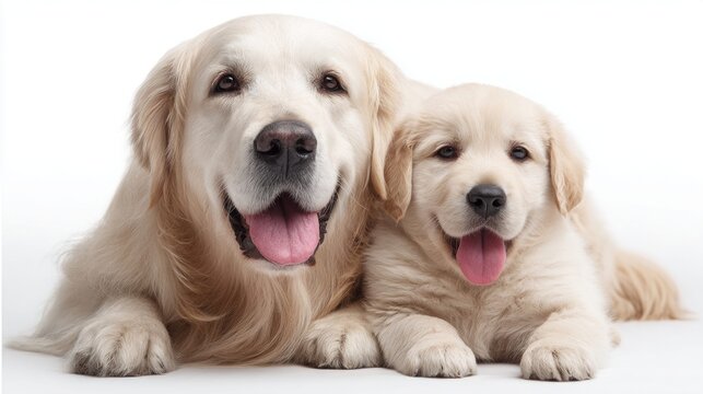 Golden Retriever adult and puppy resting together with tongues out on a white background