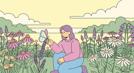 Woman Kneeling Amid Vibrant Flowers, Capturing Serenity in a Sunny Meadow View