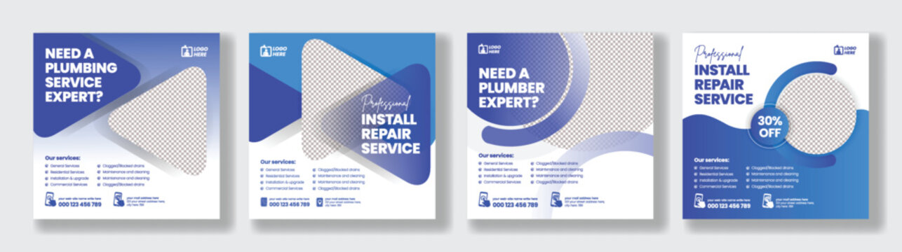 Professional Plumbing Services Marketing Template Bundle For Social Media Posts Banner Ads Featuring Technician Electrician Handyman Repair Renovation Maintenance Square Flyer Posters