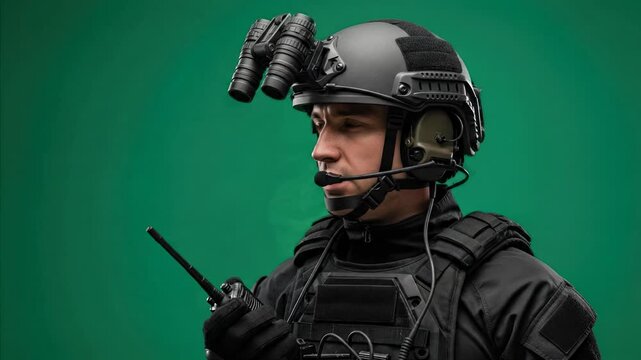Soldier with night vision goggles and tactical helmet speaking on radio, green background
