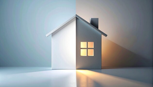 Conceptual house model with split lighting for design insurance and real estate concepts.