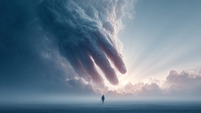 Giant hand emerging from clouds reaching towards a lone figure on a vast plain