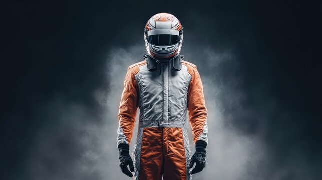 Professional race car driver in full gear standing against a smoky dark background