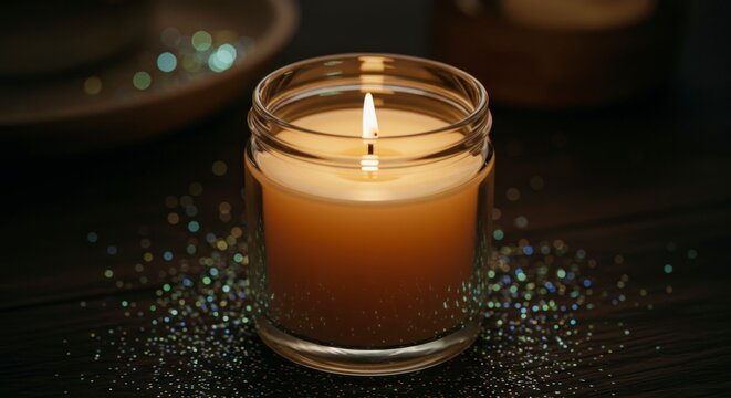 Lit candle in glass jar on dark surface with sparkling accents and soft lighting