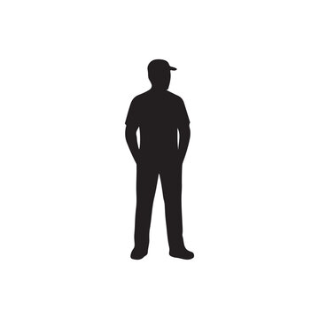 Confident man standing with hands in pockets silhouette vector icon