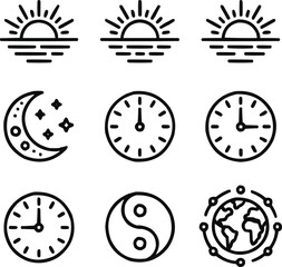 Fototapeta premium Time of Day Outline Icon Set Sunrise, Sunset, Daylight, and Night Cycle Symbols