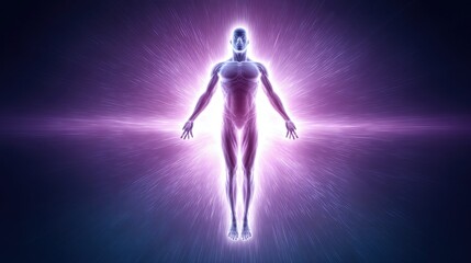 Obraz premium Human body glowing with radiant energy and light, symbolizing life force and consciousness