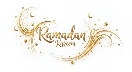 Golden Ramadan Kareem calligraphy with elegant swirls, shining stars and crescent moons, a festive Islamic greeting design for the holy month celebration.
