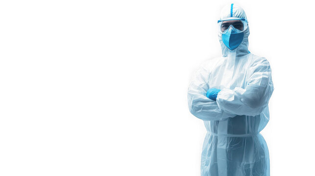 Dedicated medical professional wearing full personal protective equipment including goggles mask and suit standing ready against dark void on transparent background