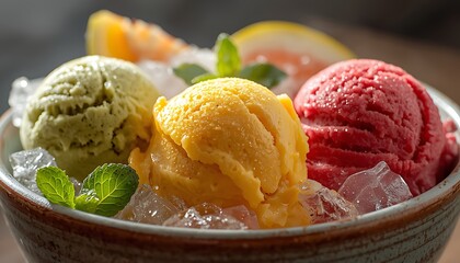 Refreshing Tropical Ice Cream Bowl with Lemon, Mango, and Raspberry