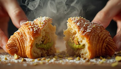 Freshly Baked Pistachio Croissant with Warm Steam and Almond Dust