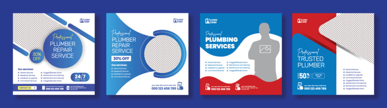 Professional Plumbing Services Social Media Post Banner Template Bundle Featuring Trusted Technician Electrician Handyman Repair Renovation Maintenance Square Flyer Poster Design For Website Ads