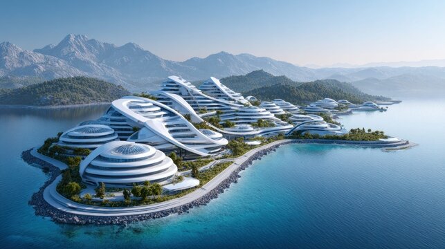 Futuristic eco-friendly resort complex nestled on a scenic coastal island with mountains
