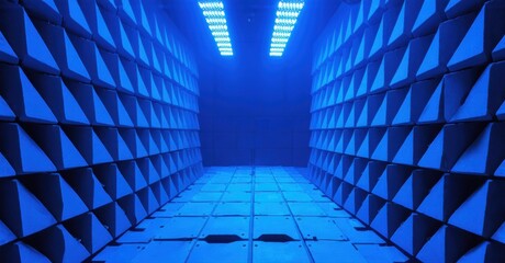 Fototapeta premium Blue tunnel, geometric patterns cover walls, floor. Bright light emanates from distant end, creating dramatic effect. Minimalist design.