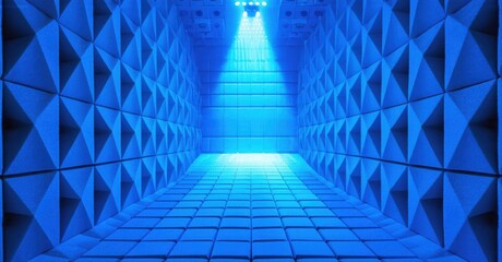 Fototapeta premium Blue room, geometric walls, bright light source. Perspective creates tunnel effect, modern design, clean aesthetic.