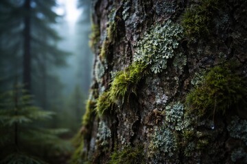 Obraz premium Close-up view of textured tree bark covered with green moss and lichen in a misty forest setting, with blurred trees in the background