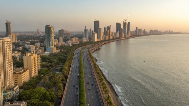 High angle drone shot of the coastal highway and skyscrapers along the sea at golden hour