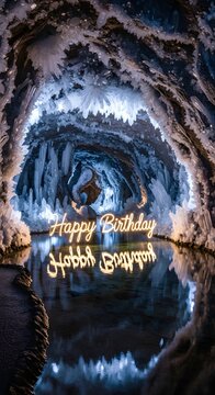 A radiant "Happy Birthday Bilbo Baggins" neon sign glows brightly, reflected perfectly in the still water of an enchanting illuminated ice cave.