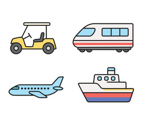 Naklejka premium Collection of diverse flat design transport mode vectors showcasing various vehicles for global travel, journey, and mobility concepts on a white background