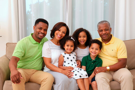 Multiethnic Family Sitting Together Smiling on Sofa in Bright Living Room