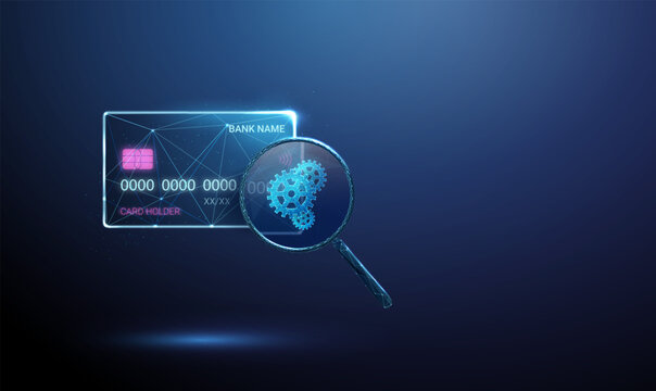 3d blue bank card under magnifying glass with gears. Payment processing, digital banking operations, financial system optimization, smart banking technology concept.