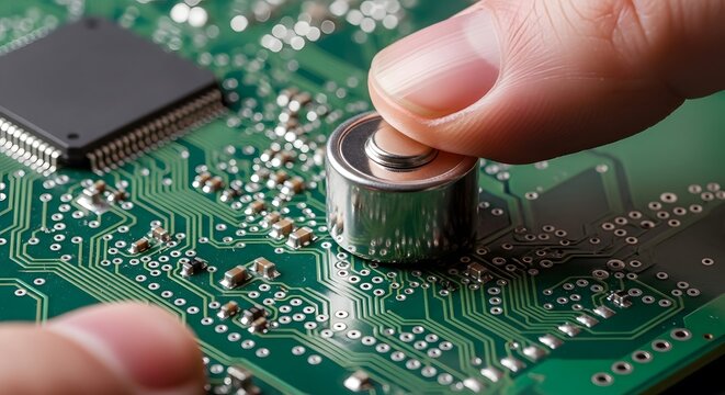 Close up of a person's hand placing a cylindrical battery on a circuit board