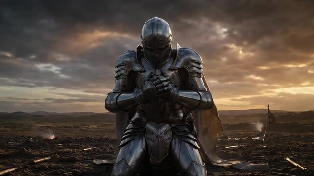 Medieval Knight Kneeling in Prayer After Battle, Dramatic Scene of Reflection and Penance in a Battlefield Setting