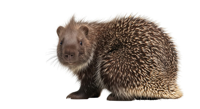 Isolated North American porcupine, Erethizon dorsatum, close-up, facing the viewer