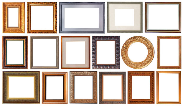 Set of picture frames isolated on white background antique carved gold