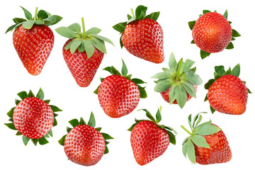 Group of fragrant fresh red strawberries with green stems, closeup, isolated. Whole from different sides, studio shot. Perfect berries for healthy eating, organic cooking, diet menu as design element. © finepoints