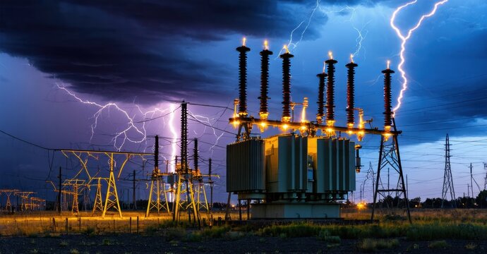Power station during storm. Lightning strikes near electrical equipment. Dramatic sky, intense energy visible. Night scene, illuminated structures.