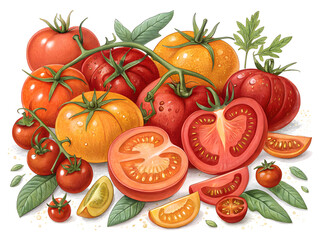 Fototapeta premium Fresh tomatoes on vine with green leaves