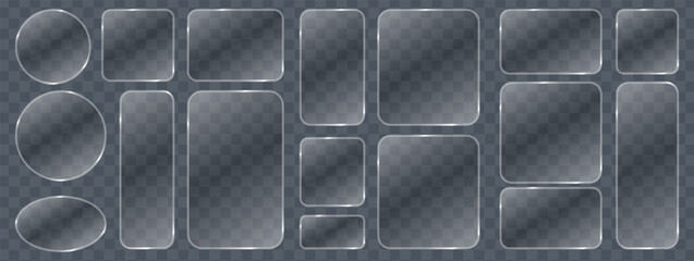 Obraz premium Liquid glass button interface, light frame banner set, glowing glass panel banners tech style, futuristic mobile app frames, PNG light vector set.