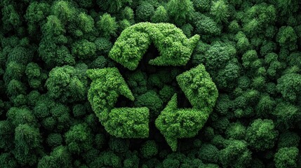 Green recycling symbol made of lush trees and foliage, symbolizing environmental conservation