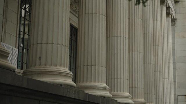 Buildings with columns, the Pushkin Museum in the center of Moscow. Filmed in motion
