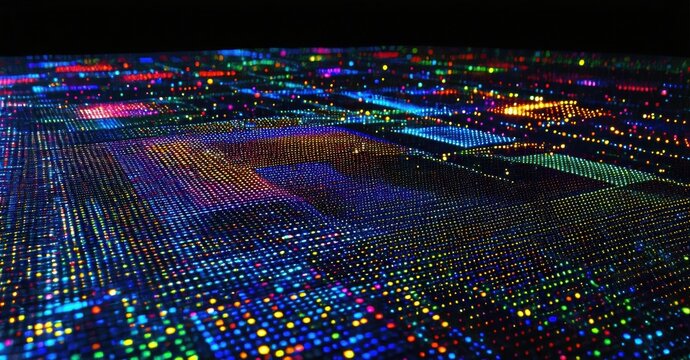 Vibrant colorful lights create abstract digital landscape. Dots form patterns, suggesting futuristic city or data stream. Dark background emphasizes luminosity.
