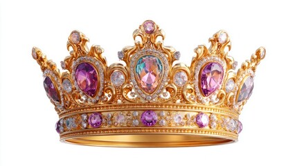Fototapeta premium Ornate golden crown adorned with vibrant purple and iridescent gemstones on a white background