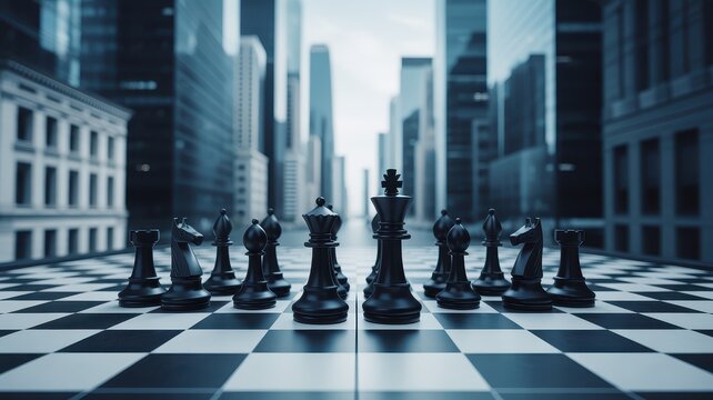 Black chess set on a board placed on a city street with tall skyscrapers in a soft focus urban background
