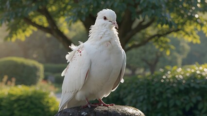 Fototapeta premium Majestic White Dove with Red Eyes Perched Outdoors, Serene Nature Background