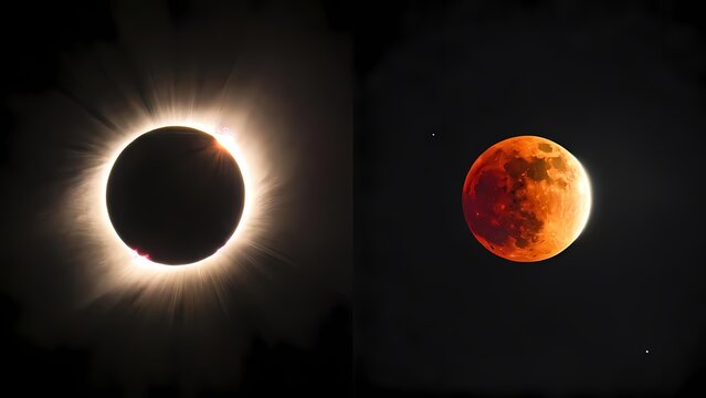 Spectacular Total Solar Eclipse with Corona and Blood Moon Lunar Eclipse Comparison