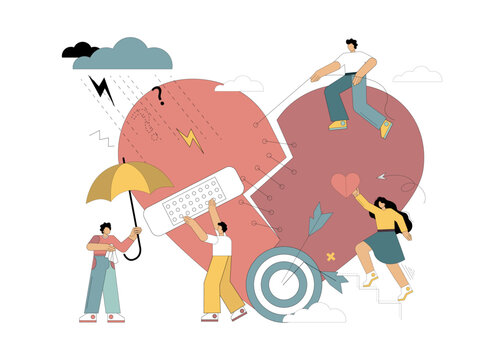 Broken heart. Unrequited love. People help to survive negative feelings, stitch the heart, lay a patch on it, give the heart.eps