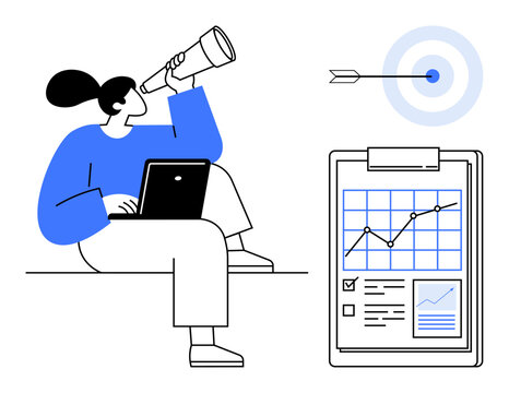 Business management, data analysis, goal setting, targeting, strategy, performance tracking. Person with a laptop using a telescope, tracking charts and a target. Data analysis and goal setting