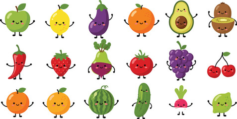 Fototapeta premium Cute Kawaii Fruit and Vegetable Characters Vector Set with Smiling Apple, Lemon, Eggplant, Avocado, Strawberry, Watermelon, and Healthy Food Mascots