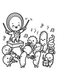 Fototapeta premium Cute inoculating loop conductor with bacteria orchestra, microbiology mascot, black and white line art coloring page vector illustration.
