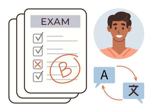 Education, language learning, test assessment, multilingual skills, academic progress, exam results. Exam sheet marked with grades and person portrait plus translation icons. Education and language