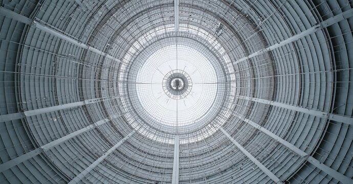 Circular structure, metal beams, skylight. Interior view, symmetrical design, cool tones, modern architecture, captivating perspective.