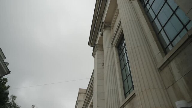 Buildings with columns, the Pushkin Museum in the center of Moscow. Filmed in motion